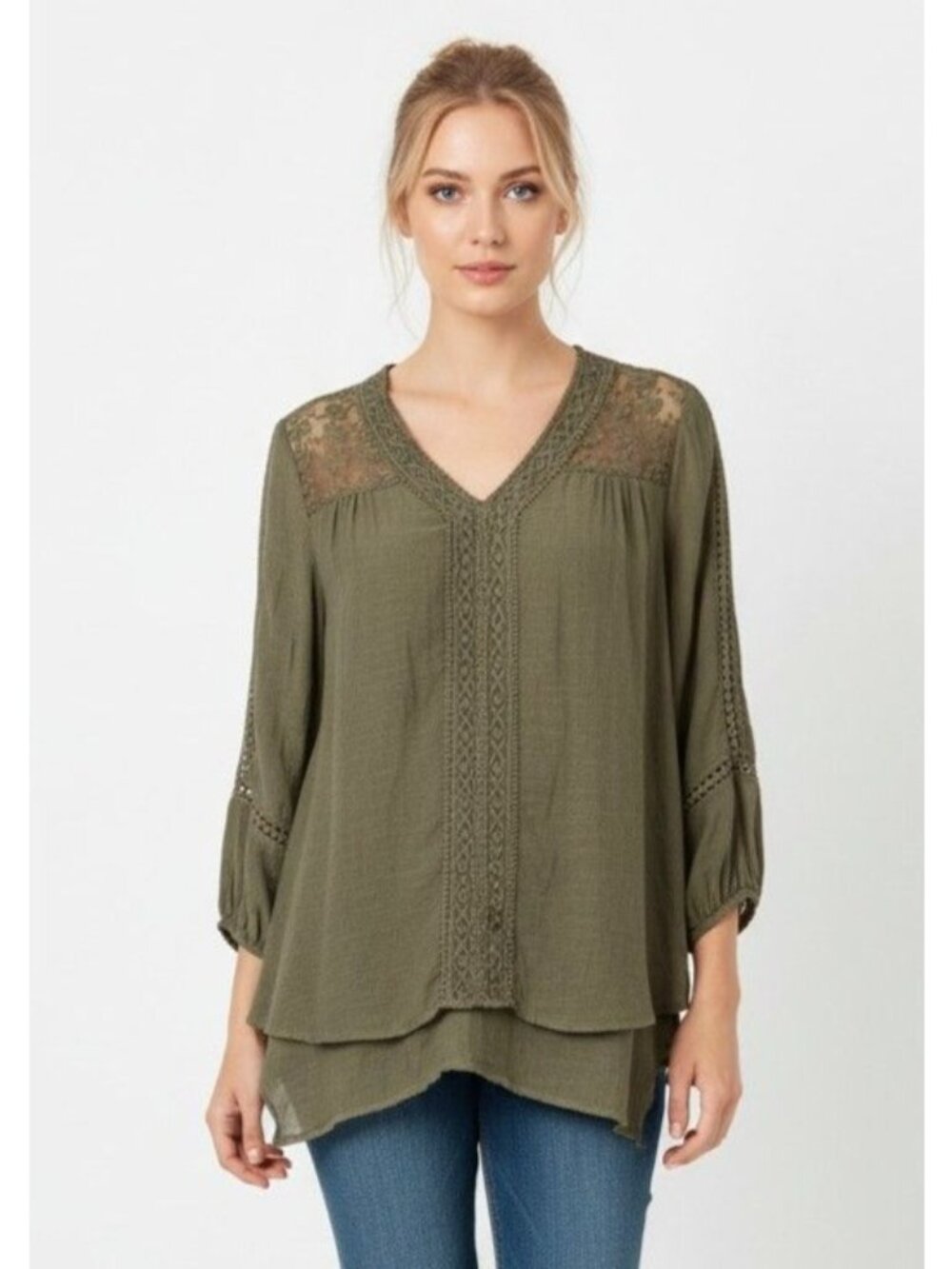 Style & Co Lace-Yoke Handkerchief-Hem Top, Olive Spring, XS